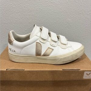 Veja Womens White Sneakers with Metallic Rose Gold V and Heel